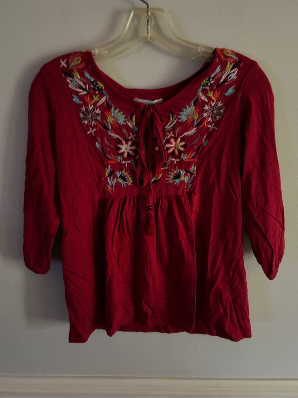 Rebecca Malone Crimson Peasant Top with Multicolor Embroidery